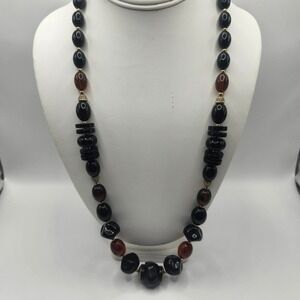 Trifari Vintage Black and‎ Amber Resin Bead Necklace Gold Tone Hardware